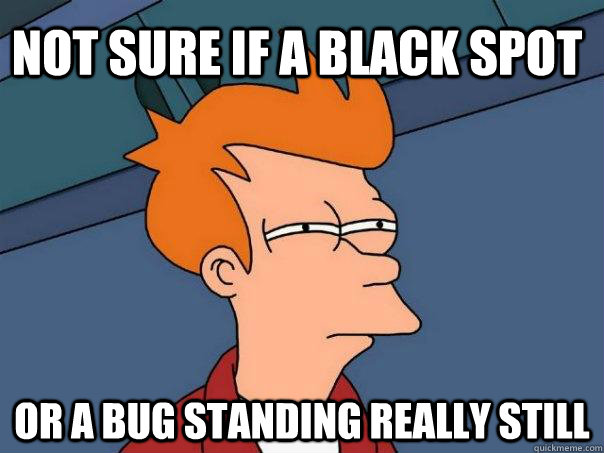 not sure if a black spot or a bug standing really still - not sure if a black spot or a bug standing really still  Futurama Fry