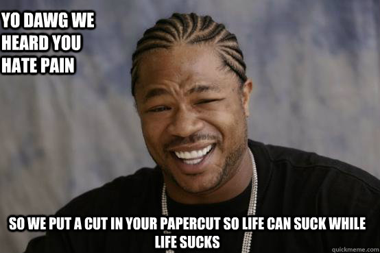 yo dawg we heard you hate pain so we put a cut in your papercut so life can suck while life sucks  YO DAWG