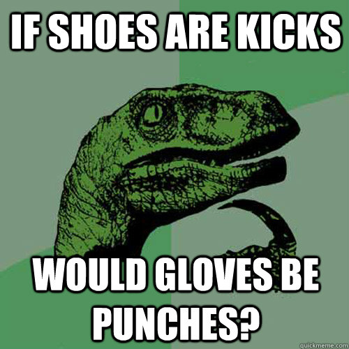 If shoes are kicks Would gloves be punches?  Philosoraptor