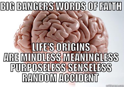 BIG BANGERS WORDS OF FAITH  LIFE'S ORIGINS ARE MINDLESS MEANINGLESS PURPOSELESS SENSELESS RANDOM ACCIDENT  Scumbag Brain