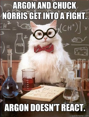 Argon and Chuck Norris get into a fight. Argon doesn't react. - Argon and Chuck Norris get into a fight. Argon doesn't react.  Chemistry Cat