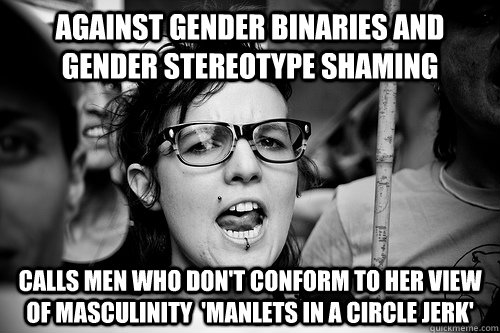 against gender binaries and gender stereotype shaming  calls men who don't conform to her view of masculinity  'manlets in a circle jerk'  Hypocrite Feminist