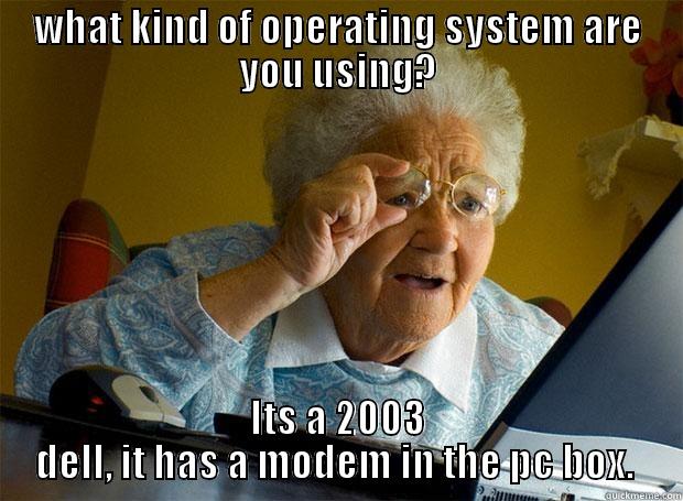 WHAT KIND OF OPERATING SYSTEM ARE YOU USING? ITS A 2003 DELL, IT HAS A MODEM IN THE PC BOX.  Grandma finds the Internet