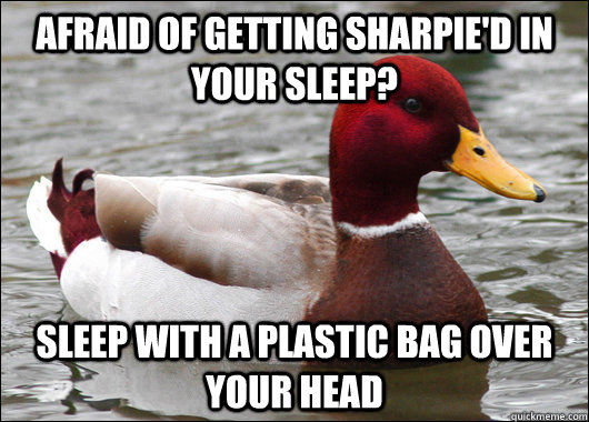 Afraid of getting sharpie'd in your sleep? Sleep with a plastic bag over your head  Malicious Advice Mallard