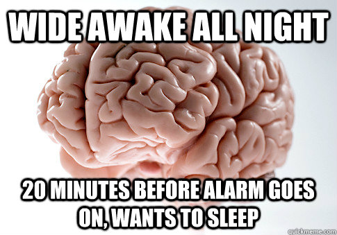 Wide awake all night 20 minutes before alarm goes on, wants to sleep - Wide awake all night 20 minutes before alarm goes on, wants to sleep  Scumbag Brain