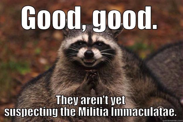 GOOD, GOOD. THEY AREN'T YET SUSPECTING THE MILITIA IMMACULATAE. Evil Plotting Raccoon