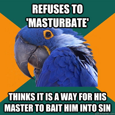 refuses to 'masturbate' thinks it is a way for his master to bait him into sin - refuses to 'masturbate' thinks it is a way for his master to bait him into sin  Paranoid Parrot