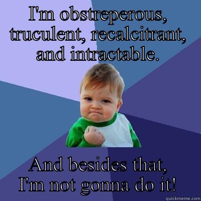 I'M OBSTREPEROUS, TRUCULENT, RECALCITRANT, AND INTRACTABLE. AND BESIDES THAT, I'M NOT GONNA DO IT! Success Kid