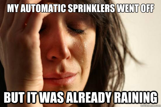 my automatic sprinklers went off but it was already raining - my automatic sprinklers went off but it was already raining  First World Problems