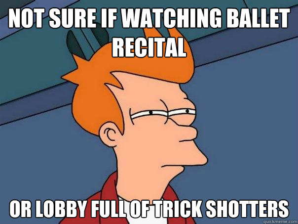 not sure if watching ballet recital or lobby full of trick shotters  Futurama Fry