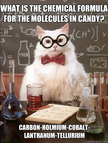 What is the chemical formula for the molecules in candy? 
 Carbon-Holmium-Cobalt-Lanthanum-Tellurium  Chemistry Cat