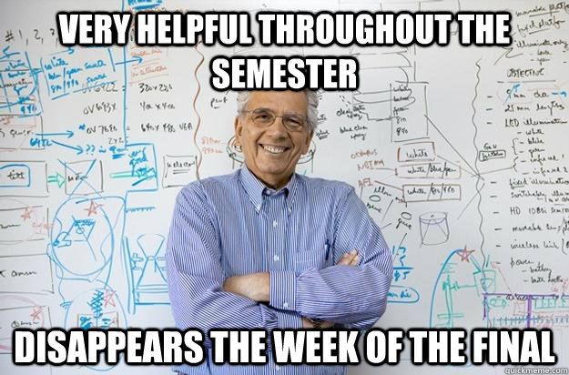 Very helpful throughout the semester Disappears the week of the final  Engineering Professor