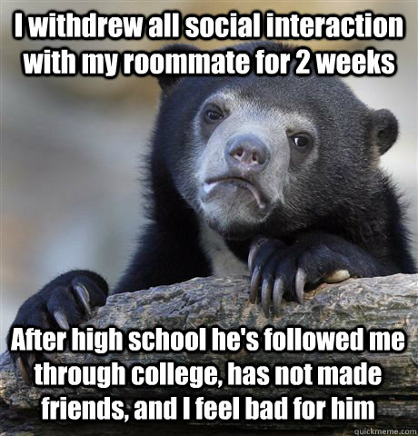 I withdrew all social interaction with my roommate for 2 weeks After high school he's followed me through college, has not made friends, and I feel bad for him  Confession Bear