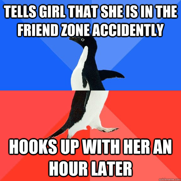 tells girl that she is in the friend zone accidently  hooks up with her an hour later   Socially Awkward Awesome Penguin