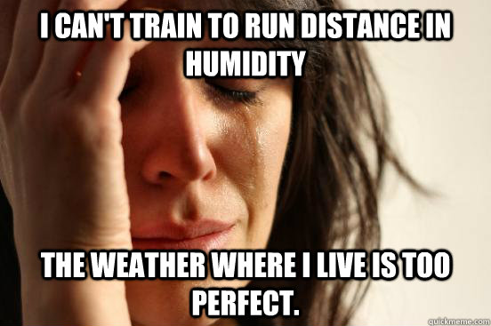 I can't train to run distance in humidity the weather where i live is too perfect.  First World Problems