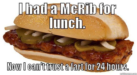 I HAD A MCRIB FOR LUNCH. NOW I CAN'T TRUST A FART FOR 24 HOURS. Misc