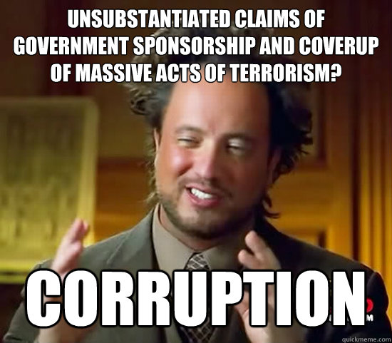 Unsubstantiated claims of government sponsorship and coverup of massive acts of terrorism? corruption  Ancient Aliens