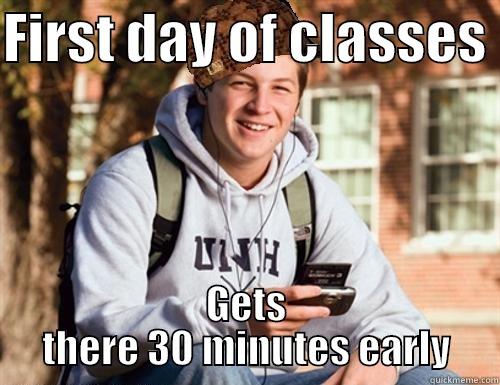 FIRST DAY OF CLASSES  GETS THERE 30 MINUTES EARLY College Freshman