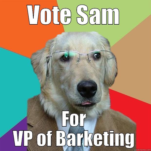 VOTE SAM FOR VP OF BARKETING Business Dog