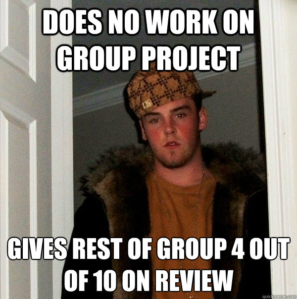 Does no work on group project gives rest of group 4 out 
of 10 on review  Scumbag Steve