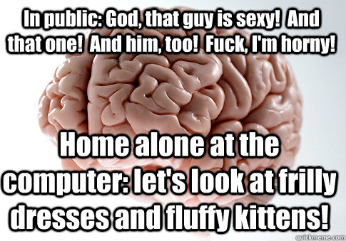 In public: God, that guy is sexy!  And that one!  And him, too!  Fuck, I'm horny! Home alone at the computer: let's look at frilly dresses and fluffy kittens!  Scumbag Brain