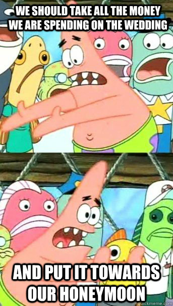 We should take all the money we are spending on the wedding And put it towards our honeymoon  - We should take all the money we are spending on the wedding And put it towards our honeymoon   Patrick Star