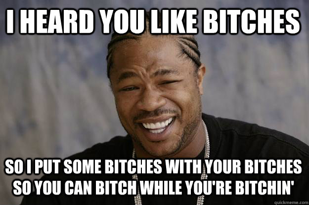 I heard you like bitches sO i PUT SOME BITCHES WITH YOUR BITCHES SO YOU CAN BITCH WHILE YOU'RE BITCHIN'  Xzibit