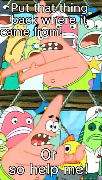 PUT THAT THING BACK WHERE IT CAME FROM!              OR SO HELP ME! Push it somewhere else Patrick