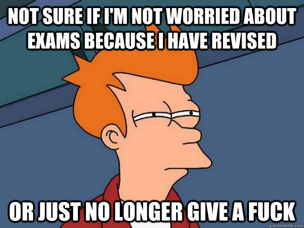 Not sure if i'm not worried about exams because i have revised Or just no longer give a fuck  Futurama Fry