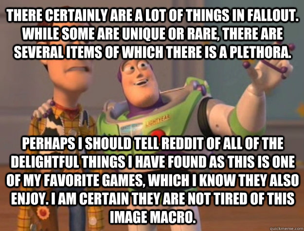 There certainly are a lot of things in Fallout. While some are unique or rare, there are several items of which there is a plethora. Perhaps I should tell Reddit of all of the delightful things I have found as this is one of my favorite games, which I kno  Toy Story