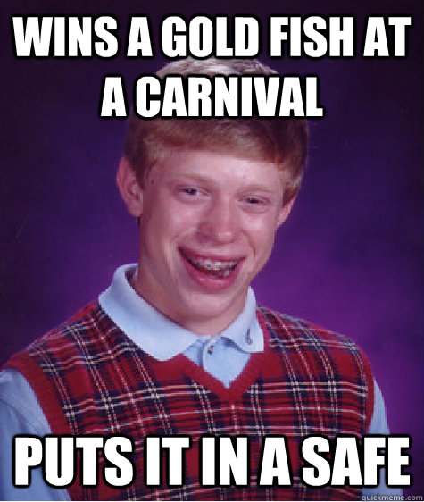 WINS A GOLD FISH AT A CARNIVAL puts it in a safe  Bad Luck Brian