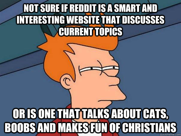 Not sure if reddit is a smart and interesting website that discusses current topics Or is one that talks about cats, boobs and makes fun of christians   Futurama Fry