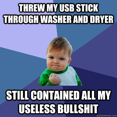 Threw my USB stick through washer and dryer Still contained all my useless bullshit  Success Kid