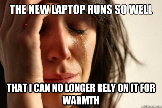 The new laptop runs so well that I can no longer rely on it for warmth  First World Problems