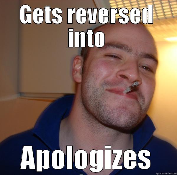 Gets reversed into - GETS REVERSED INTO APOLOGIZES Good Guy Greg 