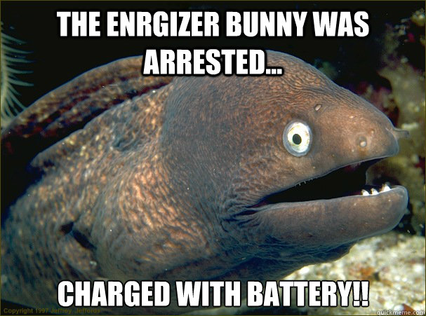 The Enrgizer Bunny was arrested... Charged with BATTERY!!  Bad Joke Eel