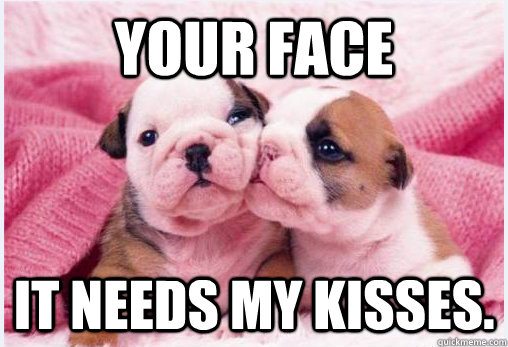 Your face it needs my kisses.  puppies