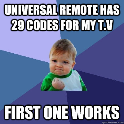 Universal remote has 29 codes for my t.v First one works  Success Kid