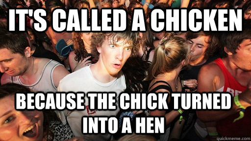 It's called a chicken because the chick turned into a hen - It's called a chicken because the chick turned into a hen  Sudden Clarity Clarence