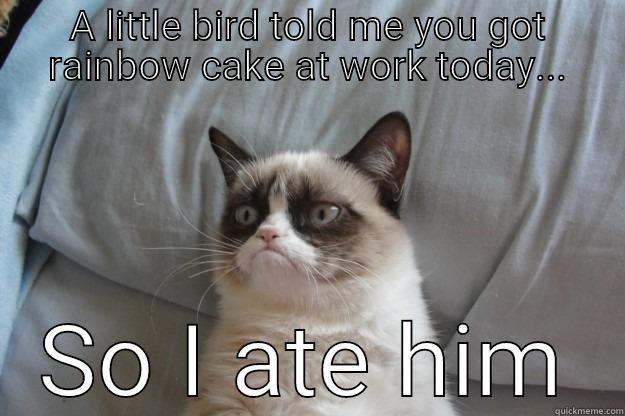 A LITTLE BIRD TOLD ME YOU GOT RAINBOW CAKE AT WORK TODAY... SO I ATE HIM Grumpy Cat