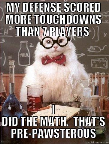 MY DEFENSE SCORED MORE TOUCHDOWNS THAN 7 PLAYERS  I DID THE MATH.  THAT'S PRE-PAWSTEROUS Chemistry Cat