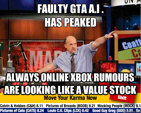 faulty gta a.i .
has peaked always online xbox rumours are looking like a value stock  Mad Karma with Jim Cramer