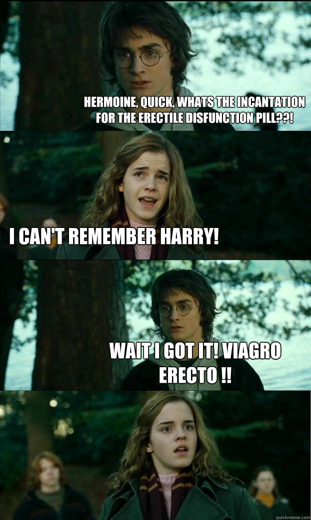 hermoine, quick, whats the incantation
for the erectile disfunction pill??! I Can't remember harry! Wait i got it! viagro erecto !!  Horny Harry