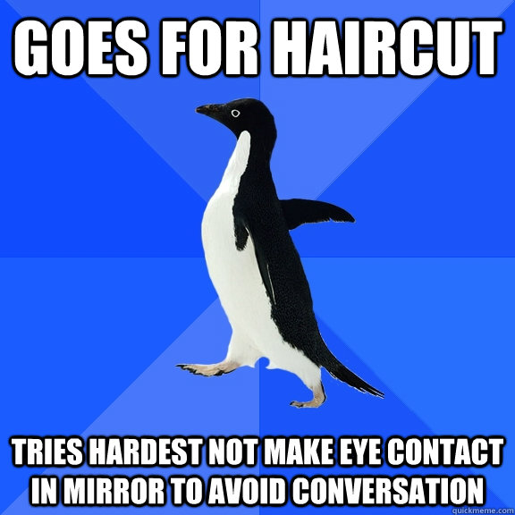 Goes for haircut Tries hardest not make eye contact in mirror to avoid conversation  Socially Awkward Penguin