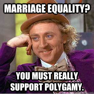 Marriage equality? You must really support polygamy.  Condescending Wonka