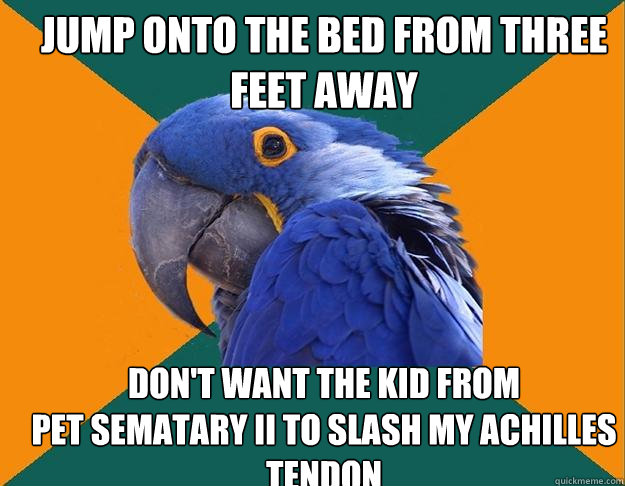 jump onto the bed from three feet away don't want the kid from
pet sematary ii to slash my achilles tendon - jump onto the bed from three feet away don't want the kid from
pet sematary ii to slash my achilles tendon  Paranoid Parrot