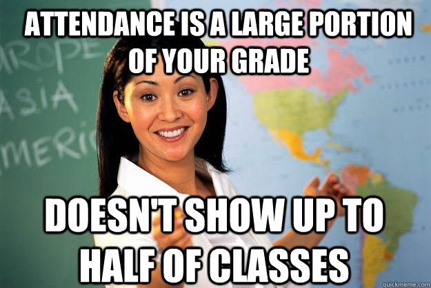 Attendance is a large portion of your grade Doesn't show up to half of classes - Attendance is a large portion of your grade Doesn't show up to half of classes  Unhelpful High School Teacher