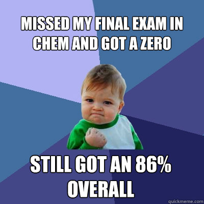 Missed my final exam in chem and got a zero still got an 86% 
overall  Success Kid