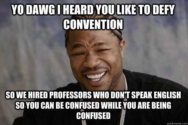 YO DAWG I Heard you like to defy convention so we hired professors who don't speak English so you can be confused while you are being confused  Xzibit meme