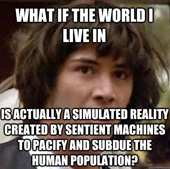 What if The world i live in  is actually a simulated reality created by sentient machines to pacify and subdue the human population?  conspiracy keanu